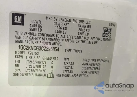 2012 Chevrolet Silverado K2500 Heavy Duty z USA, uszkodzony, nr VIN 1GC2KVCG3CZ293854